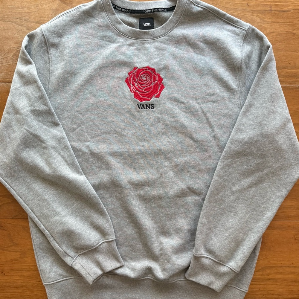 Vans Crewneck Gray Sweater with Red Rose Design